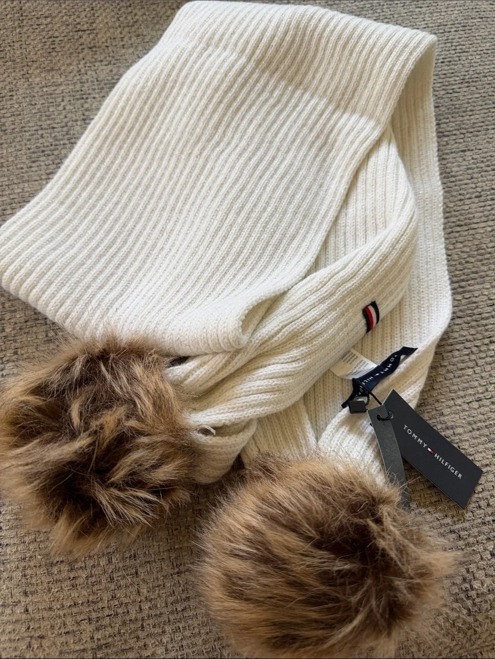 Tommy Hilfiger Cream Knit Scarf with Brown Faux Fur Pom Poms (5)